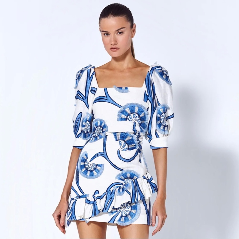 Alexis White Mini Dress with Blue Floral Swirl Print
